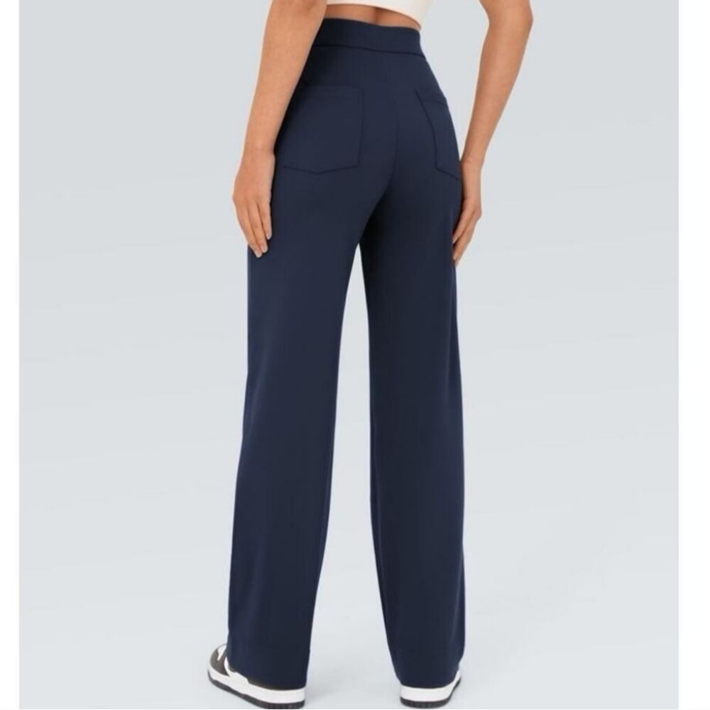 Halara High Waisted Button Pants Straight Wide Leg Navy Blue Women's Large - Picture 3 of 9